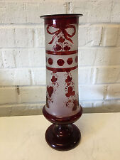 Vintage Antique Ruby Flash Glass Tall Vase w/ Ribbon Floral & Gold Decoration picture