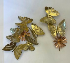 Vintage Mid-Century Modern Brass & Copper Butterfly & Daisy Wall Art 2 Pieces picture