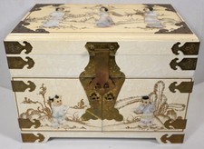 VTG ASIAN Lacquer JEWELRY BOX w/ Raised Abalone Geisha Figures, Drawers 14x9x10 picture