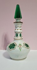Vintage Czech Bohemian White Cased Cut to Green Glass Bottle -Handpainted 8