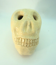 Vintage Ceramic Skull Figurine Hand Glazed Speckled Halloween Decor Signed 4