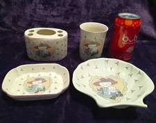 Vintage 80s Chelsey Flower Cat Bathroom Set Ceramic Japan 4pc Vanity Toothbrush  picture