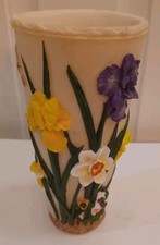 Vintage 3D Floral Ceramic Vase Raised Daffodil Iris Dragonfly Cottagecore 7.75