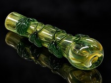 Green Glass Tobacco Chillum w Artistic Leaf Wrap picture