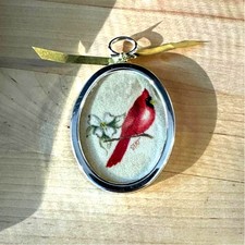Vintage Hand Painted Theorem Cardinal Dogwood Folk Art Christmas Ornament Signed picture