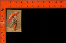 Young Boy Red Umbrella Stick Rain Artwork Small Print Victorian Trade Card picture