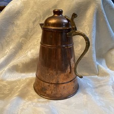 Vintage Copper Tea Coffee Pot, Lidded Copper Water Pitcher Hinged Brass Handle picture