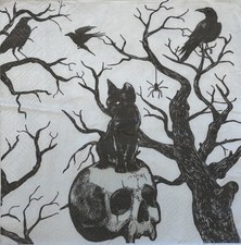 two Individual Black Cat Crow Skull Halloween Luncheon decoupage Paper napkins picture