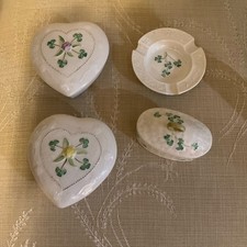 Lot of 4 Vintage Belleek Shamrock 2 Heart Boxes, Covered Basket Box, Ashtray picture