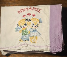 Vtg Hand Embroidered Kitten Linens Towels Set  6 Kitschy Newlywed Marriage Theme picture