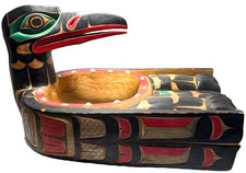 RANDY STIGLITZ VINTAGE NORTHWEST COAST CANADA RAVEN CARVED WOOD GREASE BOWL picture
