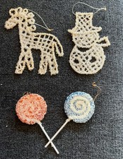 Lot of 4 VTG Xmas Ornaments White Plastic Beaded Snowman Giraffe Lollipops picture