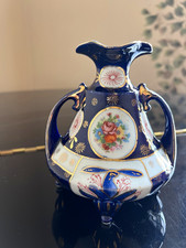 Antique Nippon Cobalt Blue Ewer Vase Hand Painted Floral Gold Gilt Footed 6