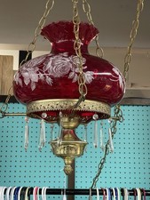 1927  Red Glass Hanging Lamp with Floral Design And Hanging Crystals picture