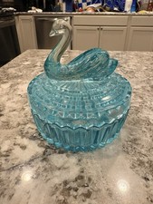 Vintage Jeanette Blue Colored Glass Covered Dish Powder Jar w Figural Swan Lid picture