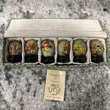 Vintage Hand Painted Jade 1.5” Birds Flowers Lot Of 6 Miniature Eggs with Stands picture