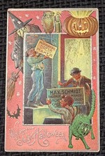 Antique Halloween Postcard Witch Black Cat Owl Bat Jack O Lantern Embossed c1915 picture