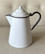 Vintage Enamel Coffee Pot White with Black Trim Large Enamelware picture