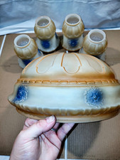 Vintage Art Deco Frosted Glass Lamp Shade Set Blue Embossed Floral 5pc Set picture