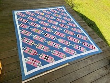 Antique Early 1900s 9 Nine Patch Variation Quilt Blue Red and White + 86'' x 75 picture
