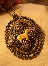 Lovely Swirl Rim Brasstone Filigree Inset Agnus Dei Lamb of God Pendant Necklace picture