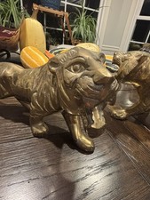 Vintage Solid Brass Prowling Tiger Figurines Pair Mid Century Hollywood Regency picture