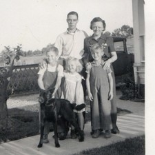 c1940s Family with Pet Dog & Farm Truck Snapshot Photo Overalls Boys Front Yard picture