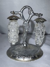 Vintage Clear Glass Hanging Grape Salt & Pepper Shaker Set w/ Metal Tree Stand picture