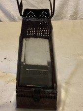 Antique Rectangular Metal Lantern Beveled Glass Pierced Top Primitive Hand Lante picture