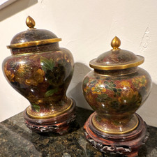 Pair Cloisonne Enamel Floral Lidded Jars/Urns with Carved Wood Bases picture
