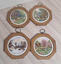 VTG Currier & Ives Wood & Ceramic MCM Wall Hanging Plaques American Four Seasons picture