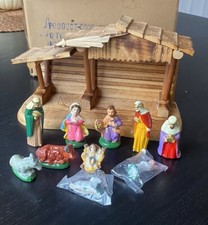 Crèche Nativity Wooden MCM W/Figures Jesus In Cradle NOS W/Box Open Taiwan Vtg picture
