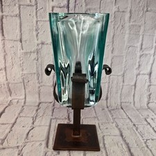 Jan Barboglio Glass Vase Iron Bronze Holder Hand Blown Aqua/blue Green Fluted picture