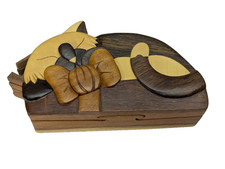 Carver Dan's Sleeping Cat Wooden Puzzle Trinket Gift Box, Handcrafted in Vietnam picture