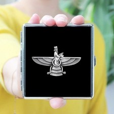 AHURA MAZDA Cigarette Case - Persia Iran Farvahar - Embossed Black Leather picture