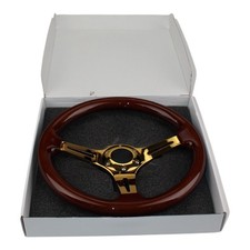Wood Grip Steering Wheel 3 Spoke Slotted Gold Tone Brown Glossy Vintage picture