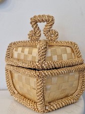 Vintage Woven Split Wood Basket Box with Lid Handle Folk Art Trinket Box picture
