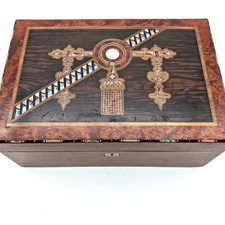 Antique Tunbridge Ware Inlay MOP Marquetry Writing Desk Box w/Inkwells picture