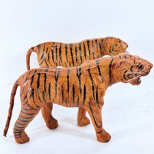 VTG Black Stripe Leather Wrapped Tiger Pair Statue Figurine Sculpture 12