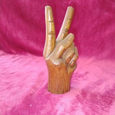 Vintage Hand Carved Wooden Hand Sculpture Figurine Peace Sign, Brown Natural picture