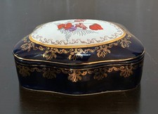 Vintage Blue Porcelain Trinket Jewelry Box Floral Gold Gilt 6