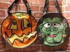 Vtg 1990s Trick-or-Treat Nylon Halloween Candy Bags 2pc Set Pumpkin Frankenstein picture