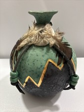 VTG J. Dudley Signed Native American Style Ceramic Wedding Vase Feathers 5x5