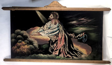 Vintage Large Black Velvet Painting Praying Jesus Framed 30 X 16 Religious picture