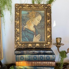 Antique St. Cecilia French Religious Print Plaque In Ornate Carved Wood Frame picture