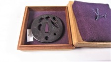 Japanese sword Tsuba Shoami iron fittings with box 7.7x7.5cm unique design picture