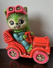 Vintage Multicolor Plaster Piggy Bank Cat Happily Driving Car picture