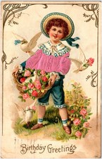 Child Roses Doves Birthday Greetings Postcard c1908 Edwardian Art Nouveau UPU picture