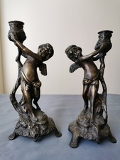 Vintage/Antique Pair Bronze Cherubs Candle Holders Candlesticks Putti picture