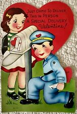 Unused Valentine Boy Girl Postman Mail Box Mechanical Vtg Greeting Card 1950s picture